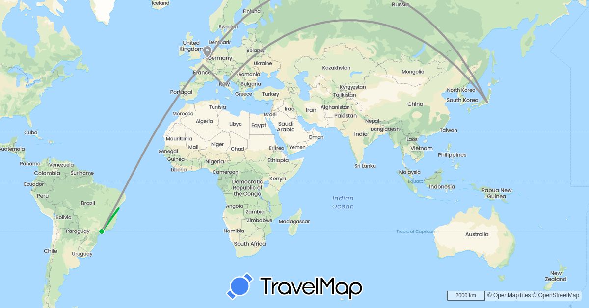TravelMap itinerary: driving, bus, plane, cycling in Belgium, Brazil, France, Italy, Japan, Portugal, Vatican City (Asia, Europe, South America)